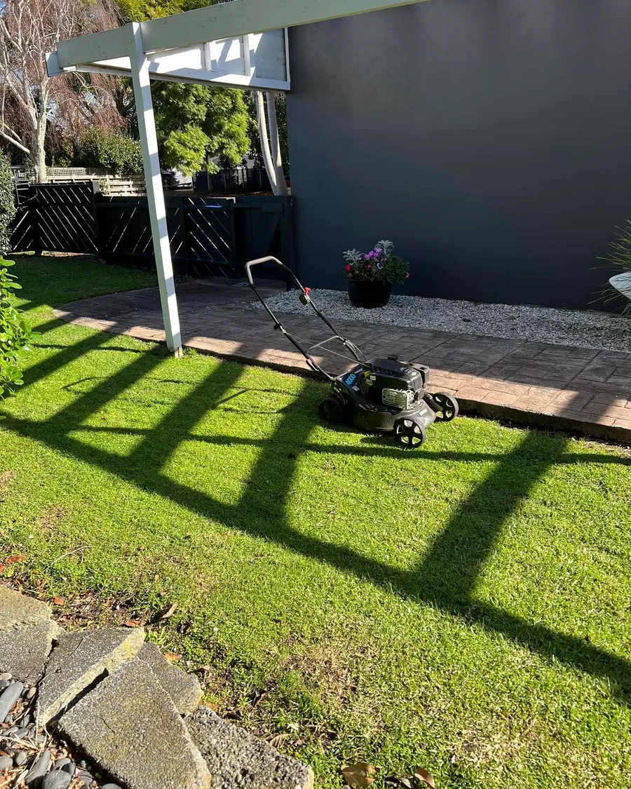 Push mower on a freshly cut lawn under a white pergola in Whangaparāoa
